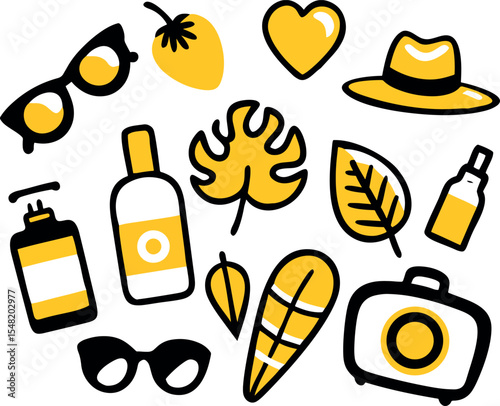 Yellow Summer Icons Sunglasses Hat Leaves Sunscreen
