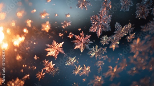 Delicate dance of bokeh light reflections through frosted glass at sunset creating enchanting patterns and textures