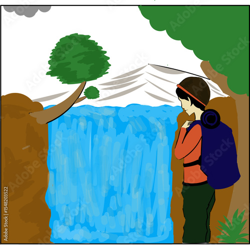 An adventurous man wearing a large backpack stands at the sight of a blue waterfall between tree-grown cliffs with mountain views in the distance.