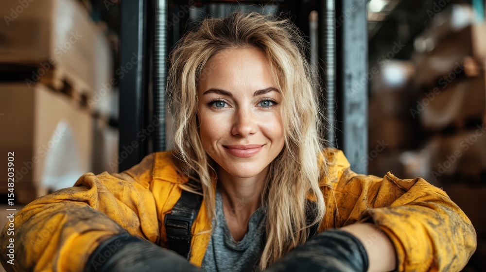 Fototapeta premium A hardworking female warehouse worker smiling in her gear amidst pallets, showcasing resilience and strength in a traditionally male-dominated industry, inspiring others.
