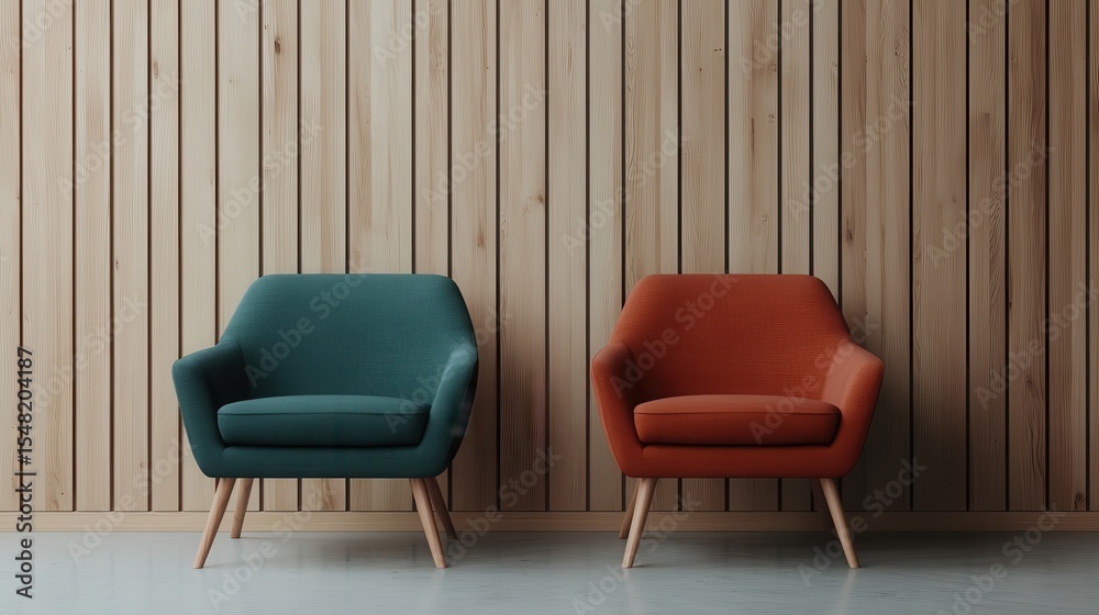 Obraz premium Two uniquely designed chairs in contrasting colors sit against a wooden wall, offering a visually appealing setup that combines modern design with cozy home decor elements.