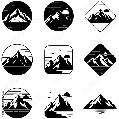 A suite of nine crisp black and white mountain logos for clean and impactful design work