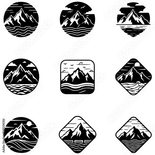 A powerful set of nine high-contrast mountain logos designed for maximum visual impact