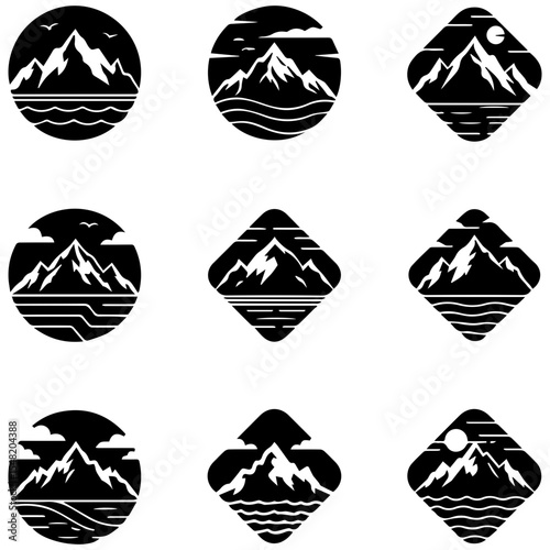 Nine examples of graphic wit, using negative space to imply depth and detail in mountain logos