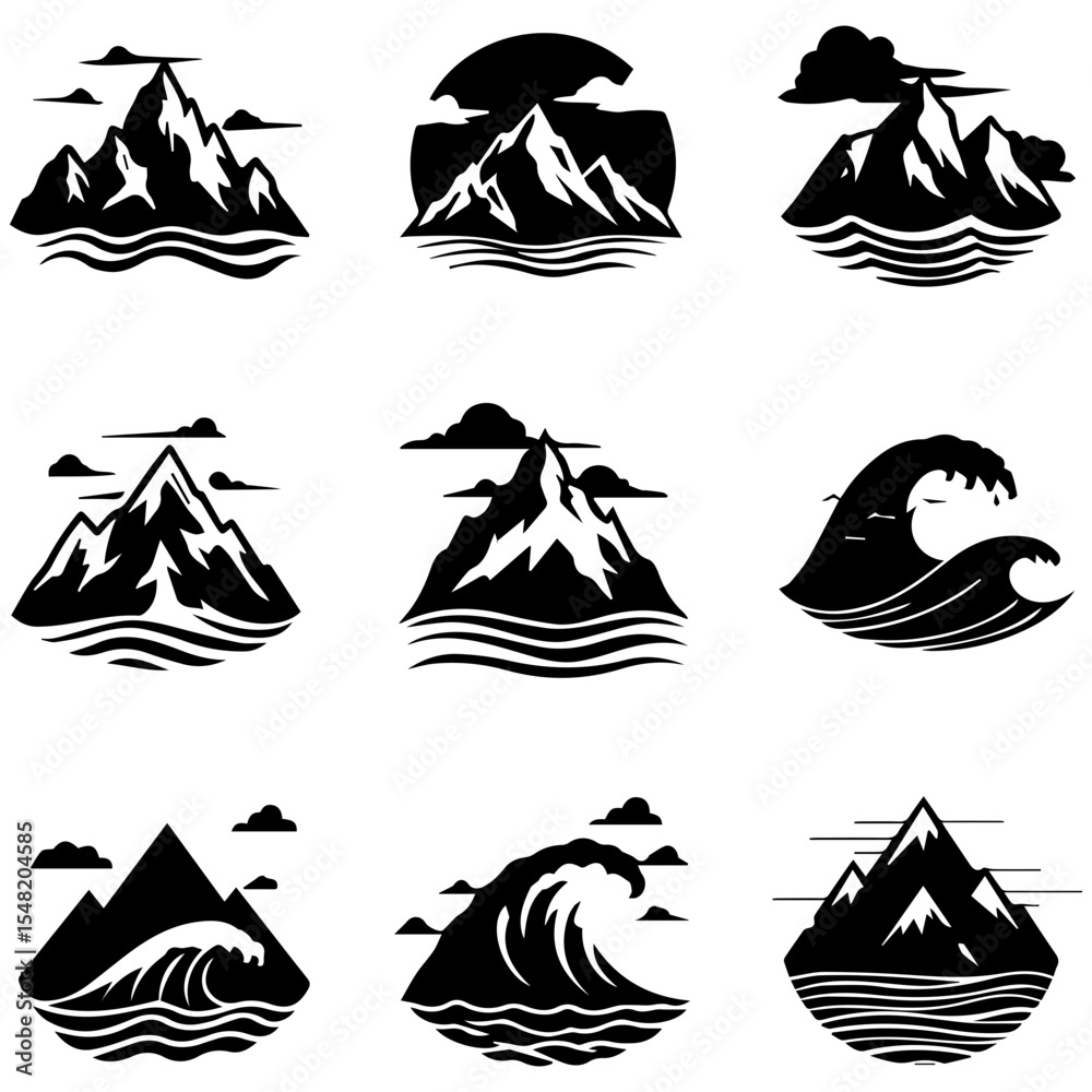 Fototapeta premium A set of nine icons celebrating the architectural essence of mountain ranges in minimalist form