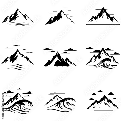 A collection of nine mountains battling gale-force winds, shown in dynamic silhouette form