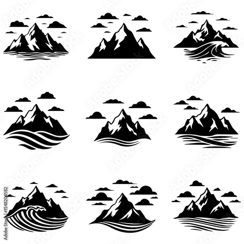 Bold structural representations of mountain peaks, a high-impact black and white vector set