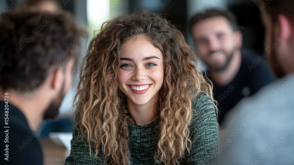 Obraz premium A charming girl with curly hair smiles brightly at the camera, surrounded by friendly peers in a casual gathering, reflecting the warmth of social connections and camaraderie.
