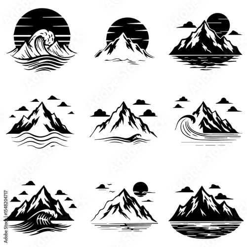 Nine dynamic mountain logos for an alpine club, outdoor gear company, or exploration blog