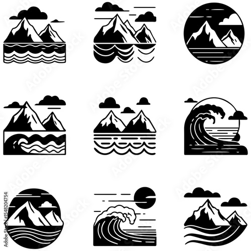 Nine professional mountain logo concepts for a modern business, startup, or consulting agency