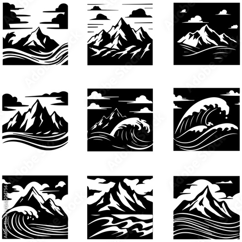 A minimalist vector set of mountain logos symbolizing stability and growth for corporate clients