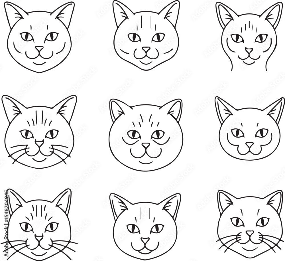 Obraz premium Nine Simple Cat Head Illustrations