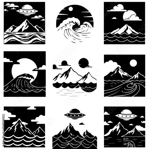 Artistic black and white mountain and wave icons skillfully using negative space to define peaks, clouds, and light