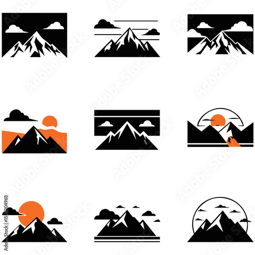 Artistic black and white mountain icons skillfully using negative space to define peaks, clouds, and light