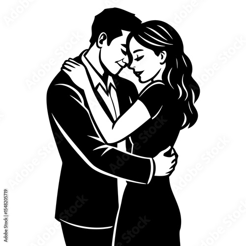 Silhouette of a couple hugging tenderly isolated on white background