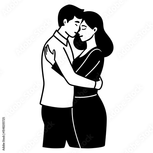 Silhouette of a couple hugging tenderly isolated on white background