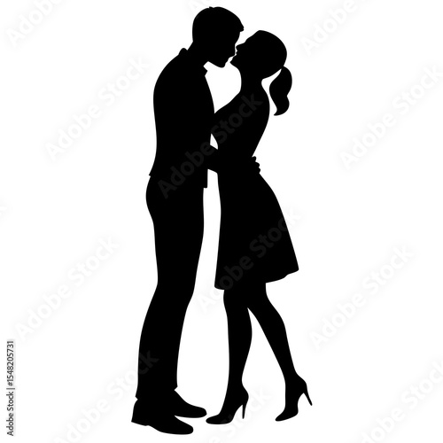 Silhouette of a couple kissing, isolated on white background