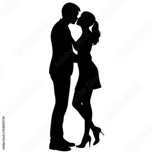 Silhouette of a couple kissing, isolated on white background
