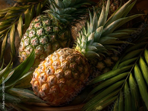 Two Ripe Pineapples Nestled in Palm Leaves Dramatic Low Light Photography Still Life Tropical Fruit Harvest