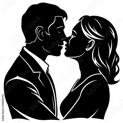 Closeup silhouette of a couple sharing a kiss, isolated on white background