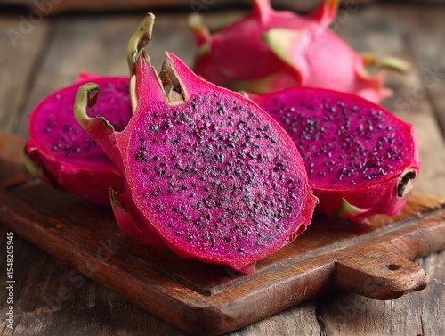 Juicy Red Dragon Fruit Slices on Rustic Wooden Board: Vibrant Tropical Fruit Photography