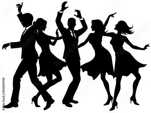 Silhouettes of four people dancing together at a party isolated on white background
