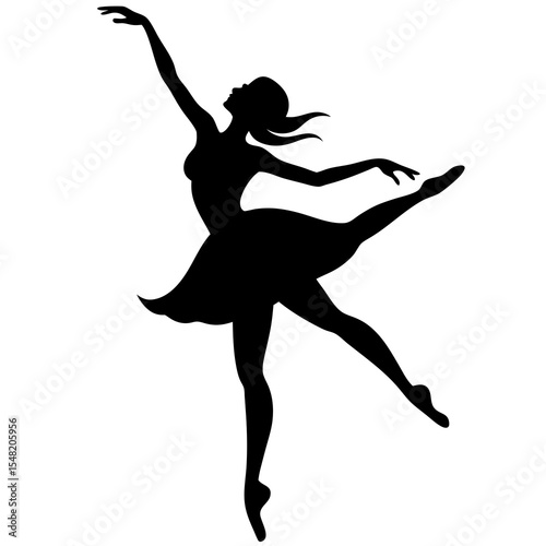 Silhouette of a ballerina dancing gracefully isolated on white background