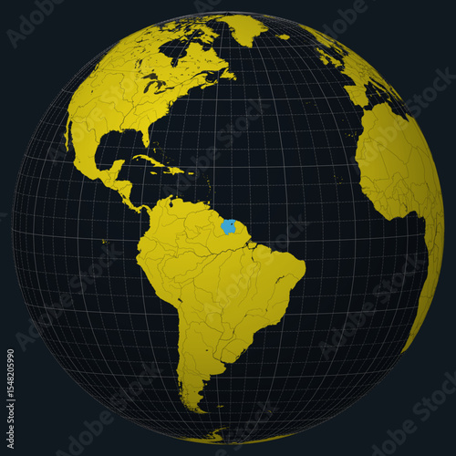Suriname on Globe. Country view on the world map in Charcoal Bright Yellow color palette. Suriname shape on map. Globe with meridians, parallels, countries, rivers and lakes.