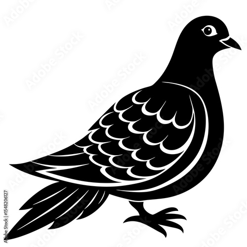 Black silhouette of a standing dove isolated on white background