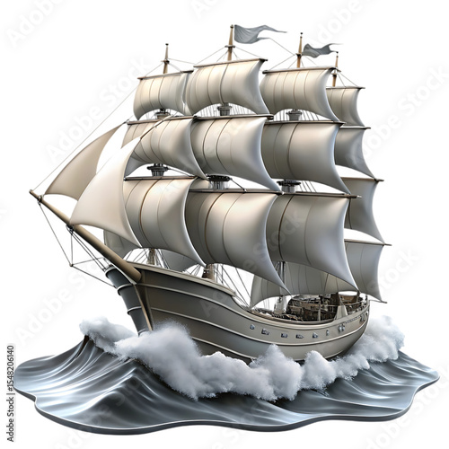 Three masted sailing ship isolated on transparent background