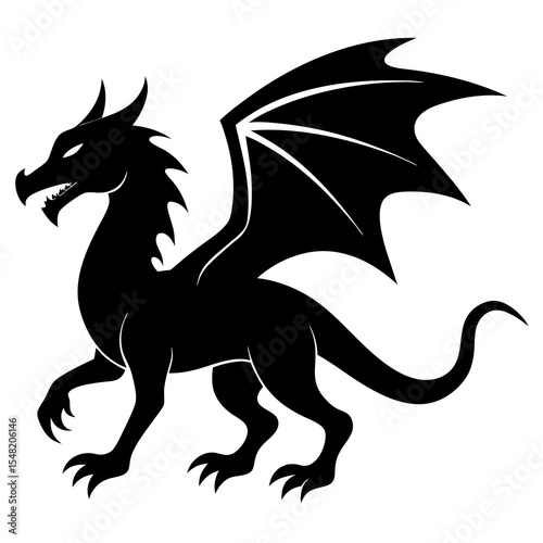 Black silhouette of a dragon isolated on white background