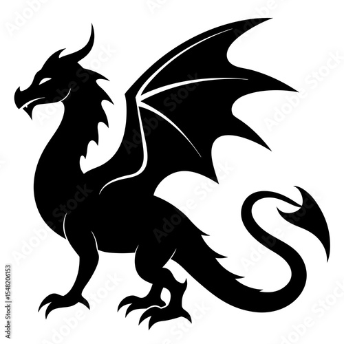 Black silhouette of a dragon isolated on white background