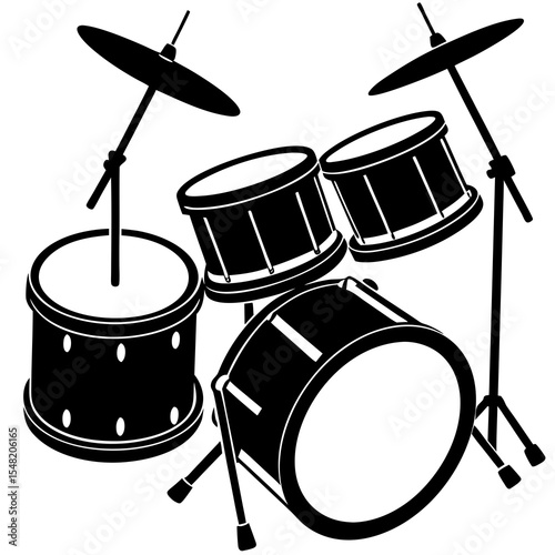 A black drum kit silhouette is isolated on white background