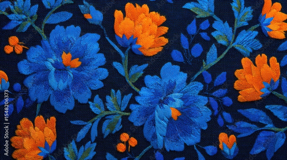 Obraz premium Vibrant blue and orange flowers are intricately embroidered on a dark fabric background, showcasing detailed floral patterns and rich colors.
