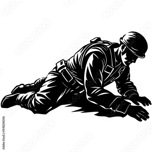 Silhouette of a soldier crawling on the ground isolated on white background