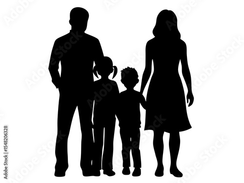 Silhouette of a family with two children isolated on white background