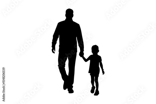 Silhouette of a father and son walking hand in hand isolated on white background