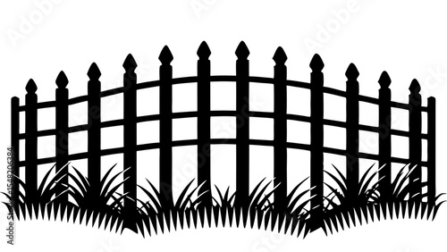 Black silhouette of a picket fence with grass isolated on white background