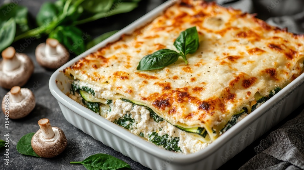 A scrumptious veggie lasagna, layered with creamy cheese, rich tomatoes, and fresh spinach, beautifully presented for an appetizing culinary experience. A scrumptious veggie lasagna, layered with creamy cheese, rich tomatoes, and fresh spinach, beautifully presented for an appetizing culinary experience.