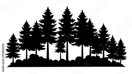 A silhouette of a dense forest of evergreen trees isolated on white background
