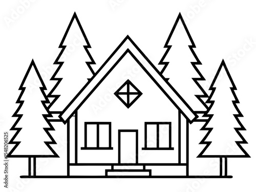 A simple line drawing of a house nestled among evergreen trees isolated on white background