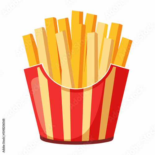 Cartoon french fries in a red and yellow striped box isolated on white background
