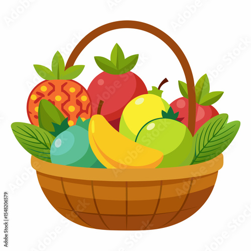 A wicker basket overflowing with a variety of colorful fruits is isolated on white background