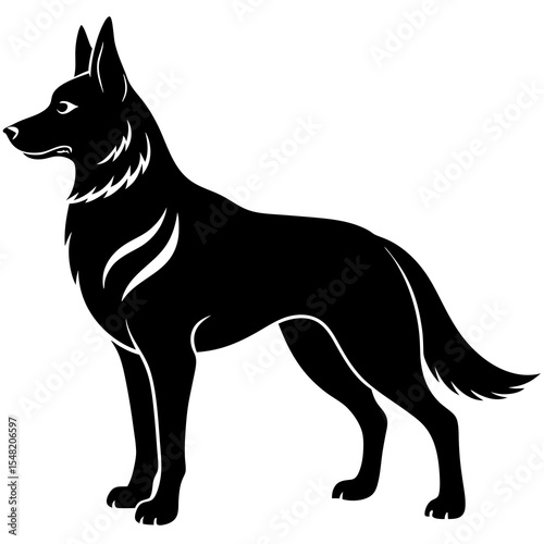 A german shepherd dog stands in profile, isolated on white background