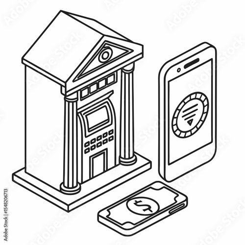 Digital banking illustration with smartphone, cash, and ATM  
