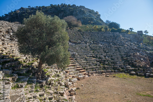 View of theatre of ancient Greek city Kaunos in Caria or Caunus in Roman period in Anatolia. Famous historical site.Popular place for family travel on summer vacation. Dalyan, Mugla, Turkey