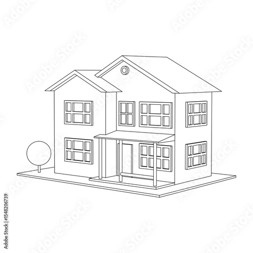 3D suburban house model. Drawing of the modern building. Cottage project on white background. Vector illustration.