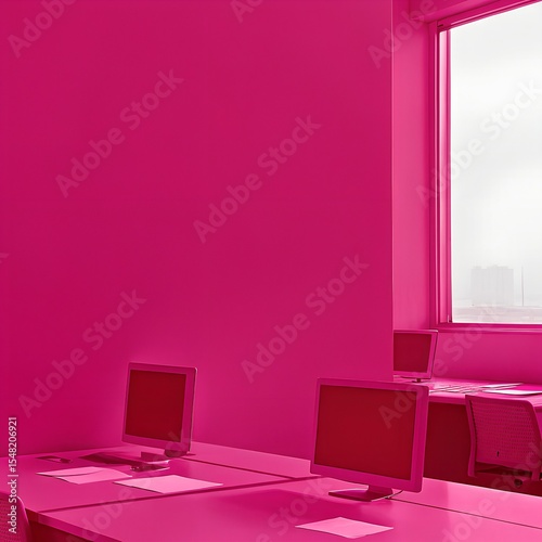 an empty modern blue walls co working space with desk