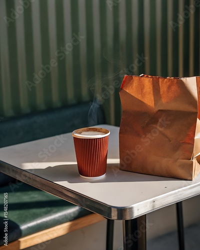 coffee cup and paper bag on white table on green background