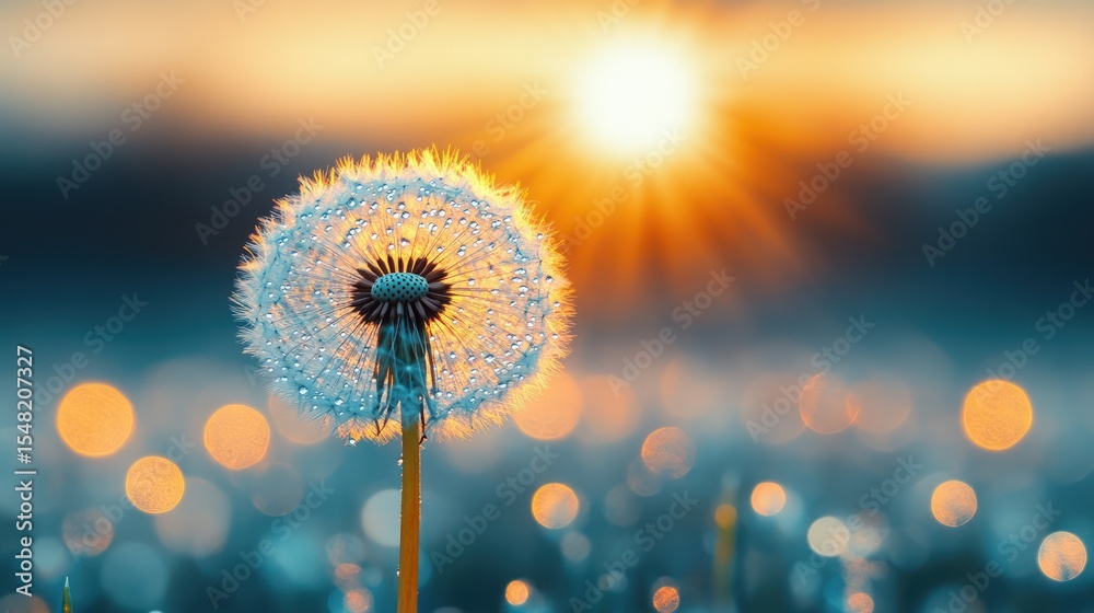 Fototapeta premium Dandelion seeds drifting gracefully in wind, illuminated by warm glow of golden sunset, with copy space